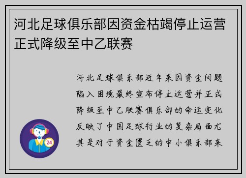 河北足球俱乐部因资金枯竭停止运营正式降级至中乙联赛 河北足球俱乐部因资金枯竭停止运营正式降级至中乙联赛